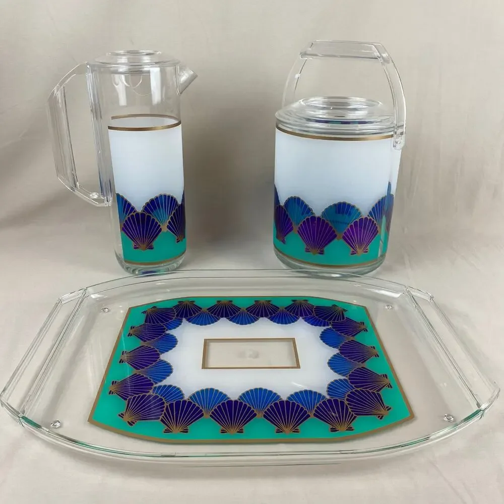 Vintage Culver USA Teal Purple Blue Seashell Bar Set Tray Pitcher Ice Bucket